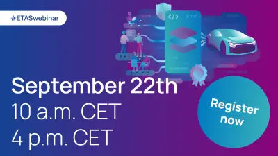 Grafik zum ETAS-Webinar, die eine Softwareplattform-Schnittstelle, ein vernetztes Fahrzeug sowie Details zur Veranstaltung am 22. September zeigt.