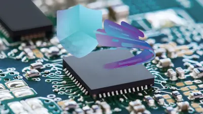 Visuel de la clé ESCRYPT CycurSoC : il montre un symbole de bouclier intégré dans une unité de commande électronique (ECU) automobile.