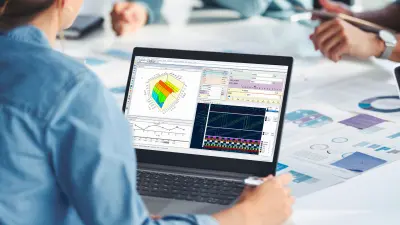 Person bedient Anwendung am Laptop