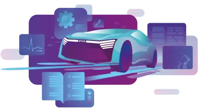 Illustration showing a futuristic, light-blue autonomous car illustration surrounded by digital displays representing data analysis, settings, diagnostics, code, and documentation. This symbolizes vehicle diagnostics across the entire life cycle.