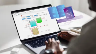 Ingenieur an einem Laptop mit ETAS-Software zur Analyse und Kalibrierung von Fahrzeugdaten, mit visuellen Einblendungen digitaler Dokumentation, Suchwerkzeugen und Software-Engineering-Workflows.