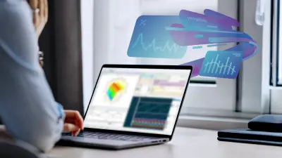 Ingénieur analysant des données de mesure et d'étalonnage automobiles sur un ordinateur portable à l'aide d'un logiciel ETAS, avec des superpositions visuelles illustrant les analyses en temps réel, le traitement des signaux et les conclusions techniques.