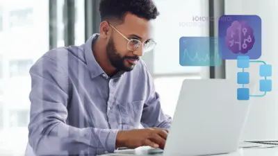 Ingénieur travaillant sur un ordinateur portable équipé du logiciel ETAS, qui propose des analyses basées sur l'intelligence artificielle, l'apprentissage automatique et des visualisations de l'automatisation des flux de travail pour le développement de logiciels automobiles.
