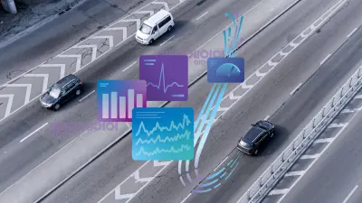 高速道路を走行する車両の俯瞰図に、テレメトリデータ、性能データ、計測データのグラフが重ねて表示されたもの。