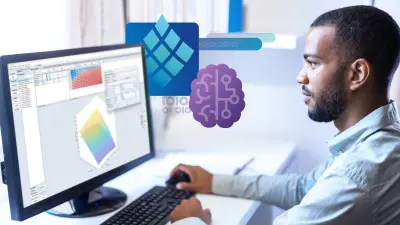 Illustration d'une plateforme de développement logiciel représentant des couches de code, la collaboration entre ingénieurs et un véhicule connecté.