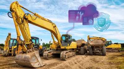 Yellow excavators on a construction site, connected to cloud icons representing digital maintenance and data security.