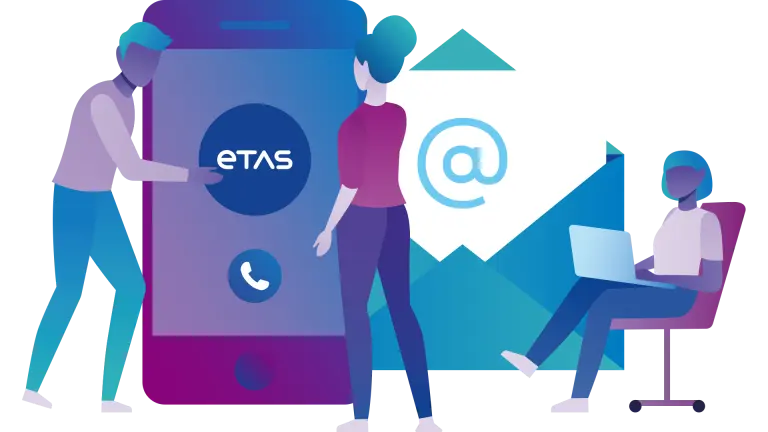 Illustration of people with a smart phone, email icon and laptop