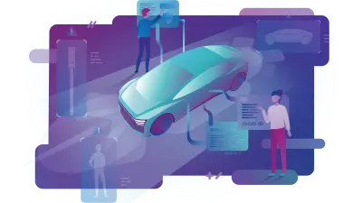 このイラストは、人や信号機、他の車両に囲まれた、様式化された未来的な自動車を描いている。自動運転におけるセンサによる物体認識を象徴している。車の横では、2人の開発者がADAS/AD機能ソフトウェアのコード化と最適化を行っている。鮮やかな色彩が革新性を伝えている。