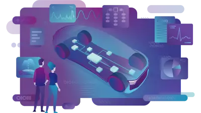 E/Eアーキテクチャが強調されたグラスカーの載ったバーチャルボードを見る2人のエンジニアを描いたグラフィック。