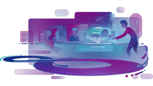 An abstract illustration of men in front of a computer screen that displays an automotive model. The image highlights EHANDBOOK's role in documenting distributed ECU software, integrating measurement and calibration tools, offering an interactive, graphical view of complex system interactions.