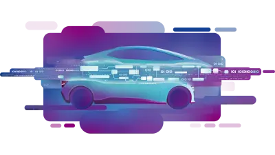 The image depicts a modern car with abstract digital elements flowing through it, symbolizing the seamless integration of software and hardware. The car is infused with data streams, representing ETAS Automotive middleware solutions that connect various vehicle systems for enhanced functionality.
