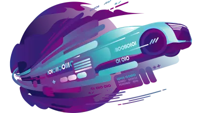 イラストには、鮮やかな色で描かれた未来的なソフトウェアデファインドビークル(SDV)が、速度、データの流れ、およびソフトウェア統合を象徴するダイナミックなデジタル要素に囲まれています。