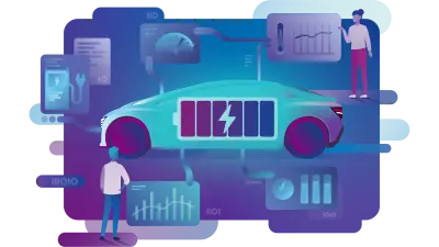 このイラストは、スタイル化された未来的な自動車が、人々や図に囲まれている様子を描いている。