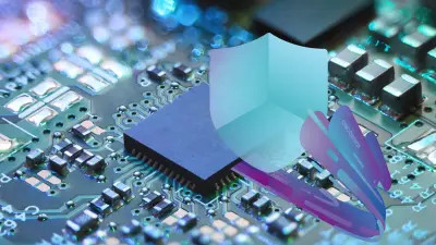 Close-up of a computer circuit board featuring the CycurHSM, a hardware security module by ETAS, highlighting its role in embedded systems security.