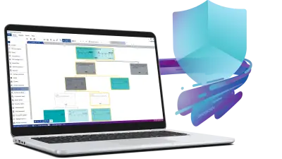 Visuel clé d'ESCRYPT CycurRISK : il montre un symbole de bouclier et une personne debout à côté d'un châssis de voiture surmonté d'écrans numériques.