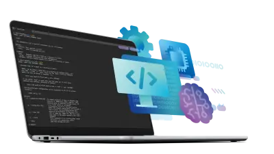 노드가 연결된 뇌(신경망)와 코드 기호(</>)가 그려진 Embedded AI Coder 로고가 표시된 노트북의 특징은 훈련된 신경망을 마이크로컨트롤러 및 마이크로프로세서용으로 최적화된 C 코드로 변환하여 효율적인 AI 통합을 가능하게 함을 상징한다는 것입니다.
