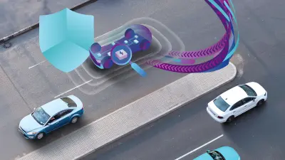 Visualization of a connected electric vehicle with focus on battery, sensor zones and cybersecurity icon, representing the ETAS Intrusion Detection and Prevention Solution.