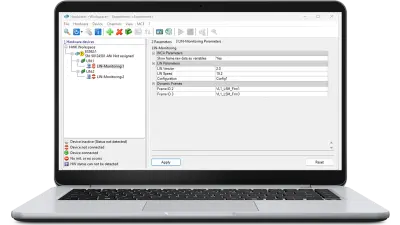 ハードウェアデバイス設定、LINモニタリングパラメータ、ダイナミックフレーム設定を示すETAS INCA-LINソフトウェアインターフェイスのスクリーンショット。