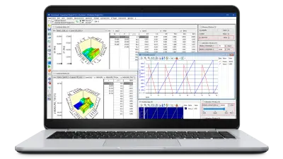 この画像は、リアルタイムのECUデータとメトリクスをコンピュータ画面に表示するデジタルダッシュボードを示しています。EtherCATまたはiLinkRT™経由の接続性を強調し、INCA-MCEの迅速な計測・適合機能のための洗練されたハイテクテストベンチのセットアップを示しています。