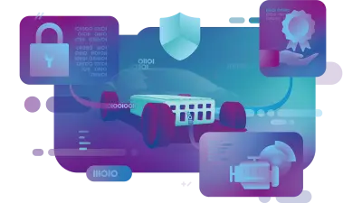 ESCRYPT Vehicle computer security suite key visual: a future-oriented car with various security-related icons around it.